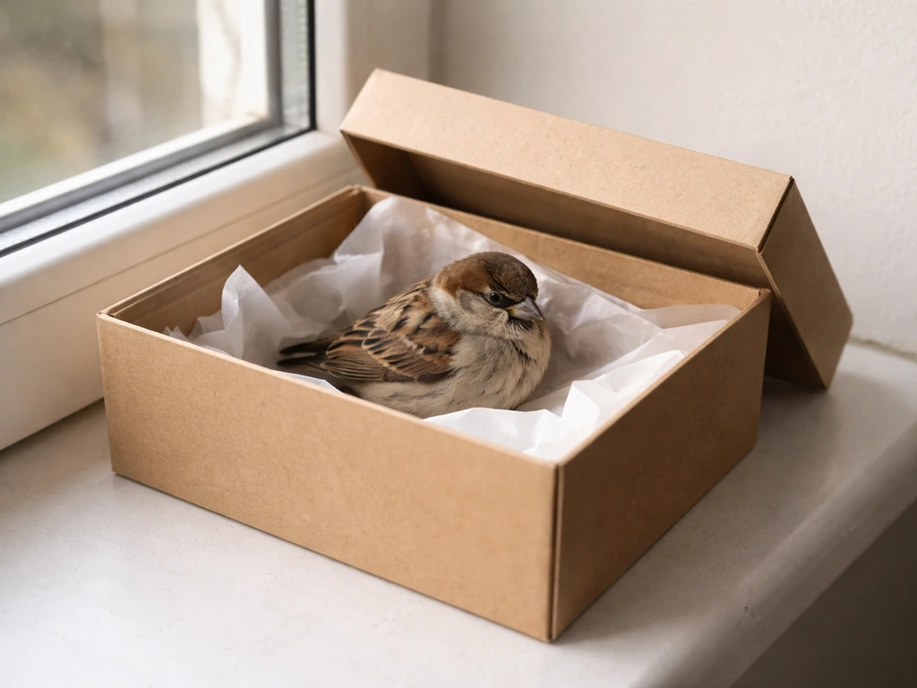 Small bird resting in a lidded cardboard box beside a window after a window strike