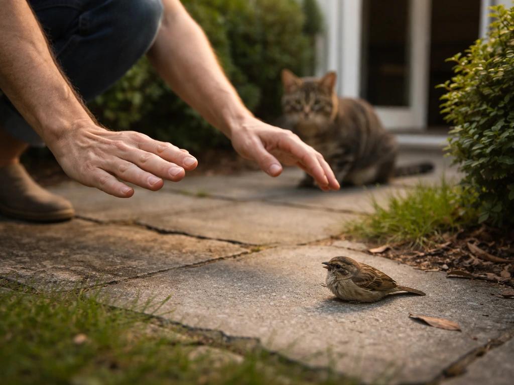 Person gently keeps pets back while securing a stunned bird in a backyard patio area.