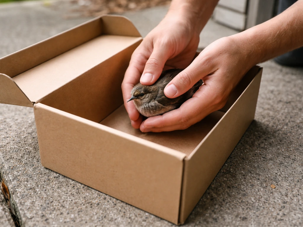 Hand gently cupping a small bird into a lidded cardboard box outdoors