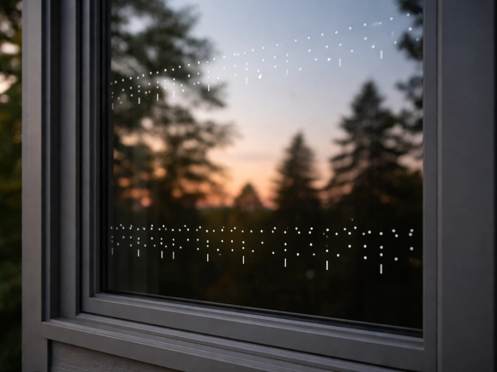 Close-up of a window with outside dots and stripes on the glass to break up reflections.