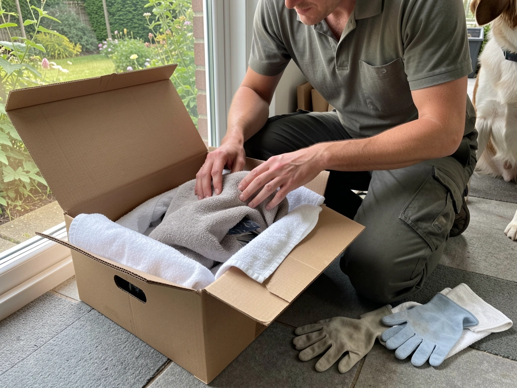 Person placing an injured wild bird in a ventilated box for warmth and quick rehab.