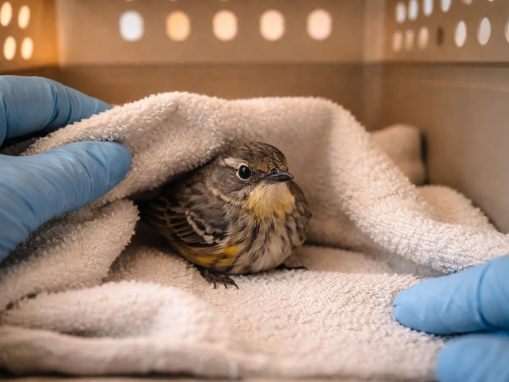 Small bird resting in a ventilated recovery box with a towel as gloved hands prepare urgent triage.