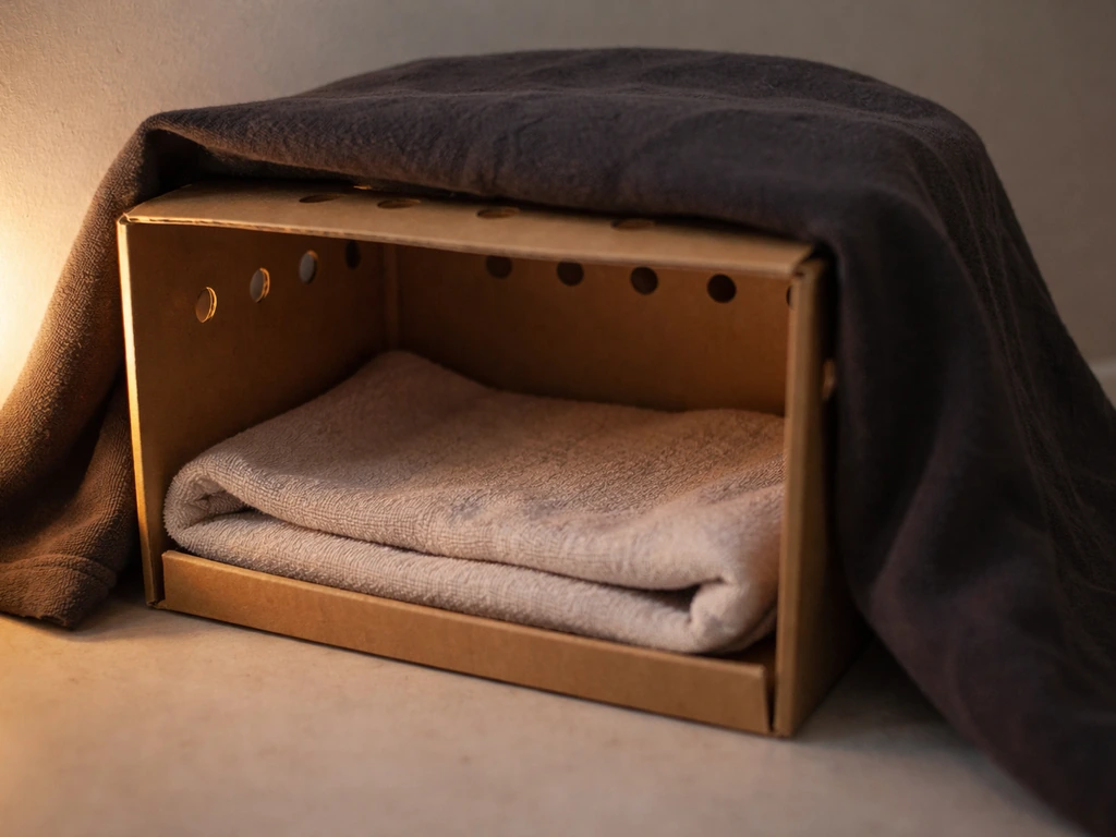 A small carrier box lined with a soft towel, air holes visible, dark and warm for a bird triage setup.