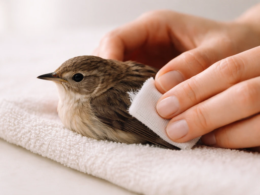 Hands applying clean gauze with gentle firm pressure to a small bird’s minor wound