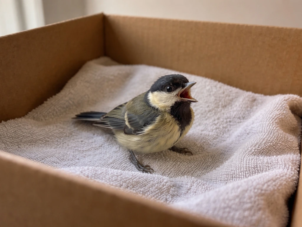 Small bird in a plain rescue box with open beak, suggesting labored breathing and tail-bobbing posture.
