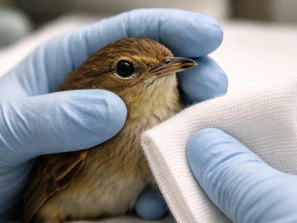 Close-up of a small bird gently held for beak injury triage with clean gauze, non-graphic.