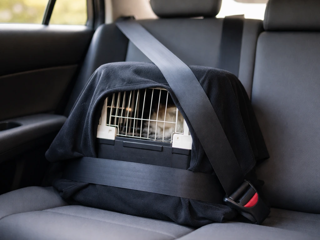 Small bird carrier secured upright in a car, covered to keep it warm and dark during travel.