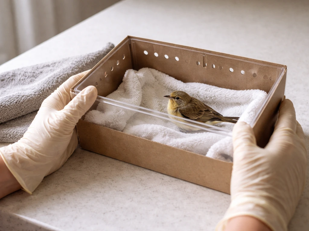 Gloved hands gently containing a small wild songbird in a breathable box with a towel nearby