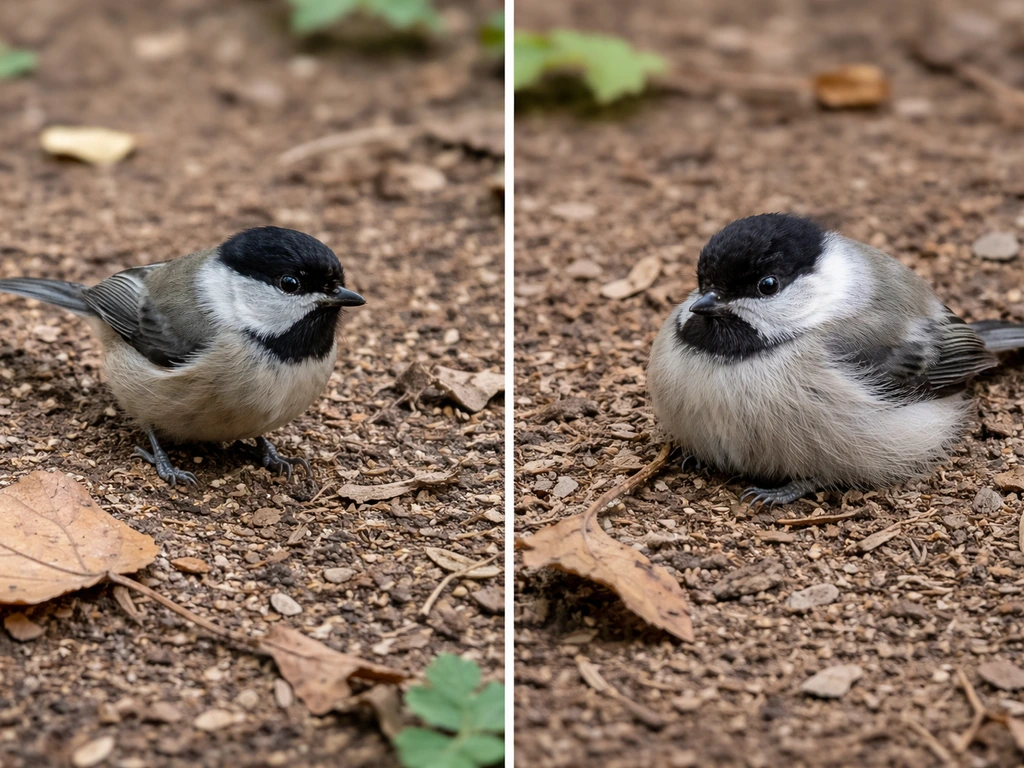 Two-scene image: a foraging alert songbird vs a fluffed, low-still bird on the ground outdoors.
