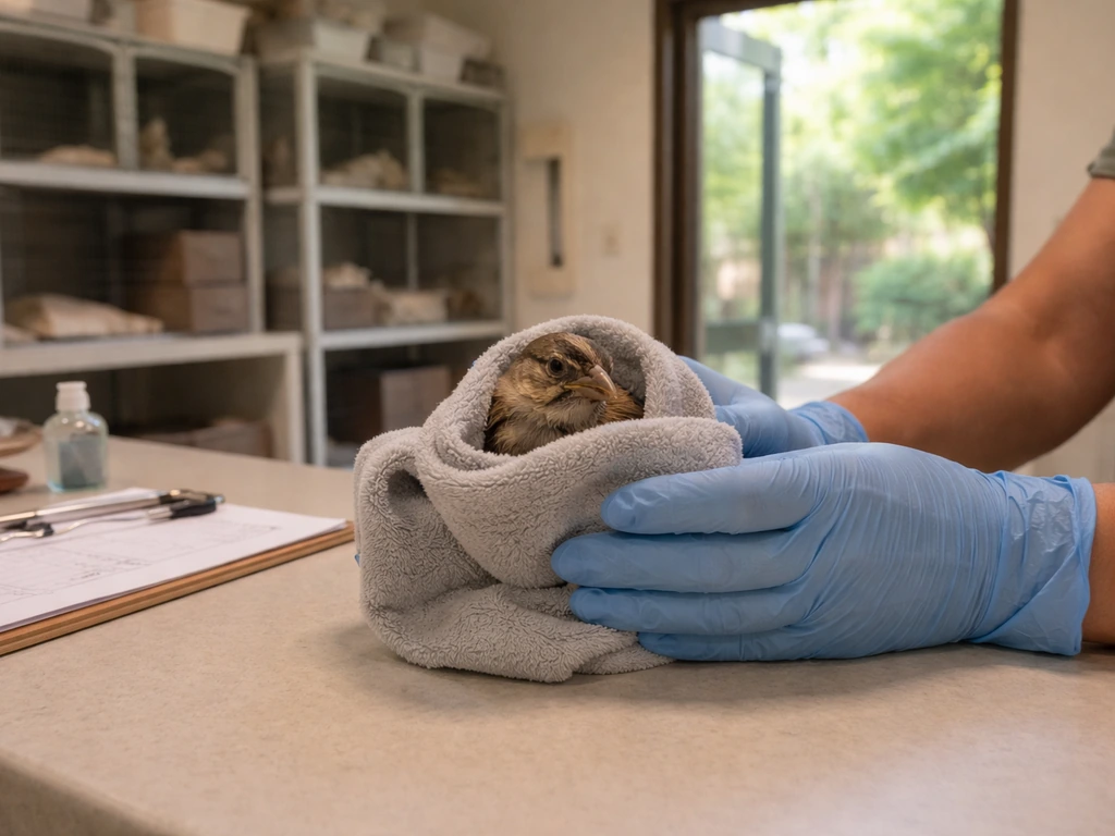 Gloved handler receiving an injured wild bird at a wildlife rehab intake with an outdoor enclosure in view.