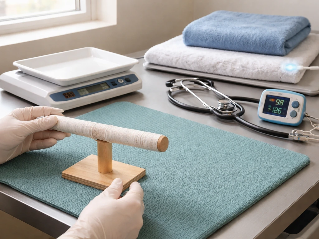 Gloved clinician hand setup with avian scale, perch, and monitoring gear in a quiet exam room.