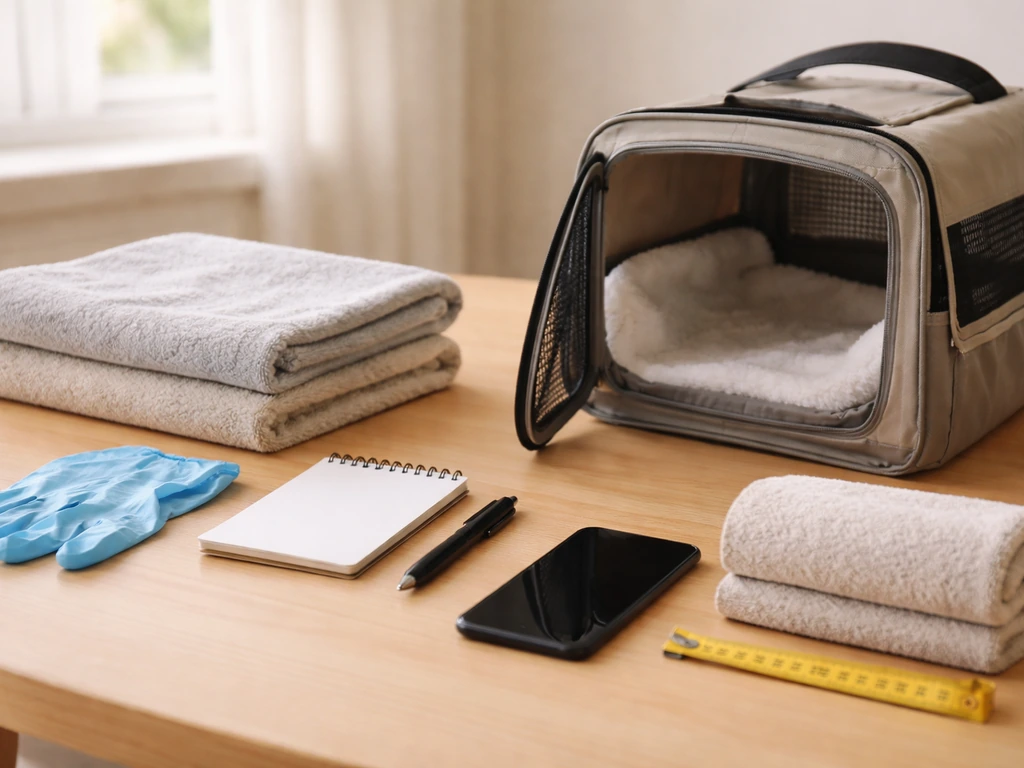 Still life of vet/emergency prep items: gloves, towel, breathable carrier, notebook/pen, and phone on a table.